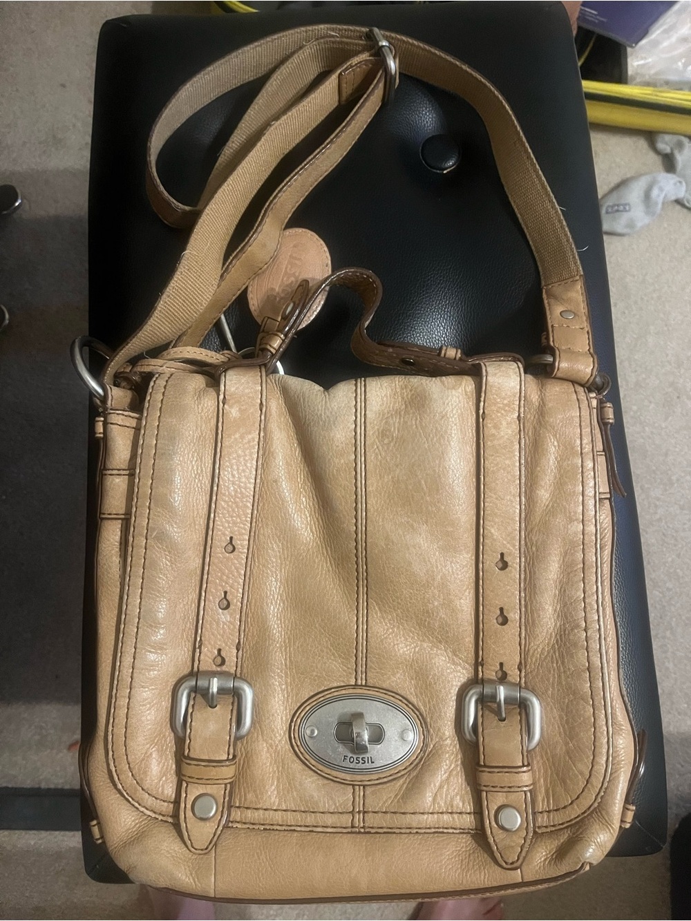 Fossil Genuine Leather Shoulder Crossbody Bag Tan Champagne Vintage